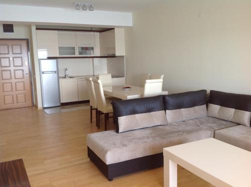 a living room with a couch and a table at Sunnyview Park Ohrid apartments in Ohrid