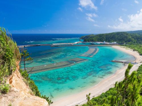 an aerial view of a beach with turquoise water at Ada Garden Hotel Okinawa in Kunigami