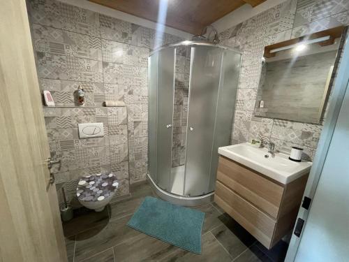 een badkamer met een douche en een wastafel bij Vinný sklep u Mňa in Mutěnice