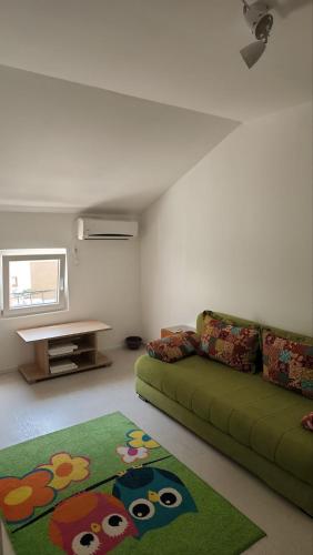 a living room with a green couch and a green rug at Apartmani Mia Sorajic in Petrovac na Moru