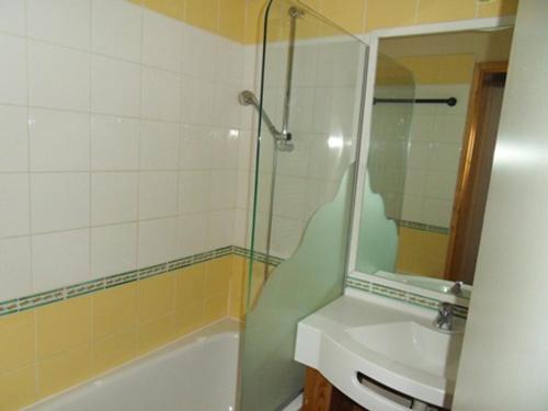 une salle de bain avec une baignoire, un lavabo et un miroir dans l'établissement Appartement 5 pers, accès pistes, animaux admis - FR-1-181-2153, à La Plagne Tarentaise