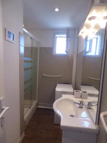 une salle de bain avec un lavabo, des toilettes et un miroir dans l'établissement Coquet duplex de 6 couchages, vue mer !, à Narbonne-Plage