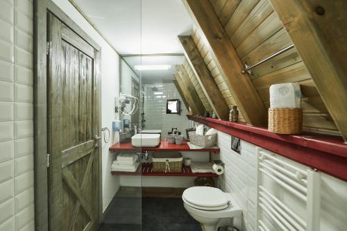 a bathroom with a toilet and a sink at Hai La Munte Bran in Bran