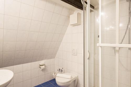 a white bathroom with a toilet and a shower at Hotel Waren-Alte Warener Zeitung in Waren