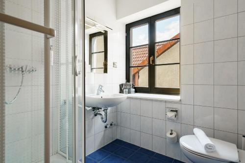 a bathroom with a sink and a toilet and a window at Hotel Waren-Alte Warener Zeitung in Waren