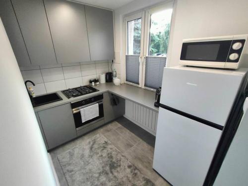 małą kuchnię z lodówką i kuchenką mikrofalową w obiekcie Przystań Sandomierz w mieście Sandomierz