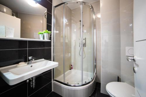 a bathroom with a shower and a sink and a toilet at Apartment Blue Lagoon in Makarska