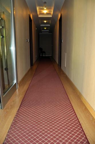 an empty hallway with a red rug on the floor at Hotel Fontana Del Re in Ariano Irpino
