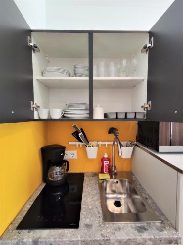 a small kitchen with a sink and a counter at Intimate Studios Hadersdorf in Hadersdorf am Kamp