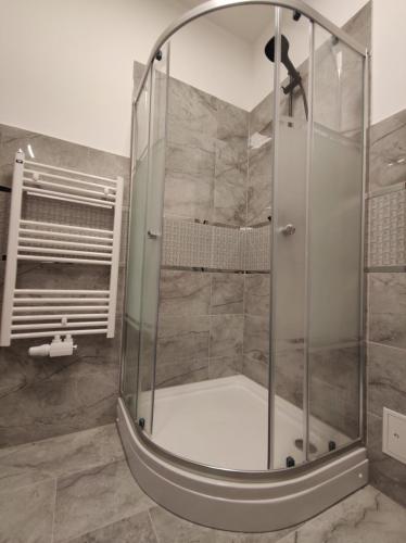 a shower with a glass door in a bathroom at Intimate Studios Hadersdorf in Hadersdorf am Kamp
