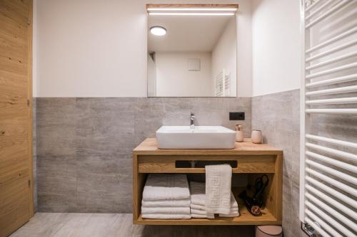 uma casa de banho com um lavatório e um espelho em Kuenz Dolomites App 3 em San Candido