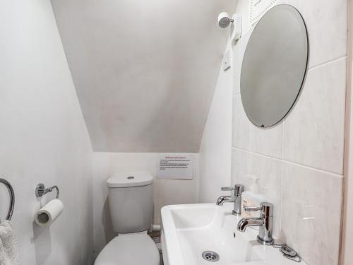 a bathroom with a white toilet and a mirror at Blairgorm Croft in Nethy Bridge