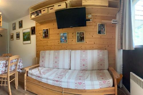莫爾濟訥的住宿－Avoriaz le cedrat，一间带沙发的卧室和墙上的电视