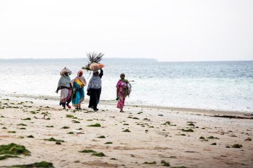 a group of people walking on the beach at Antonio Beach Tree House Hotel & Spa in Uroa