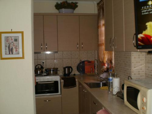 a kitchen with a sink and a microwave at MARY'S HOUSE in Paliouri