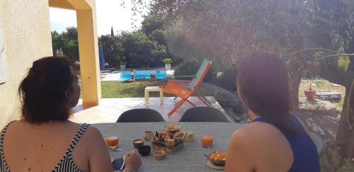 two women sitting at a table with a bowl of food at La Bastide Grassinque in Grasse