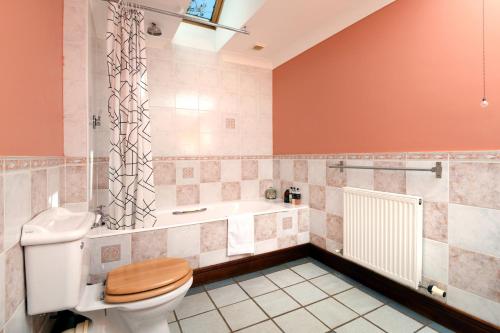 a bathroom with a toilet and a bath tub at Craigadam Lodge with Hot tub in Castle Douglas