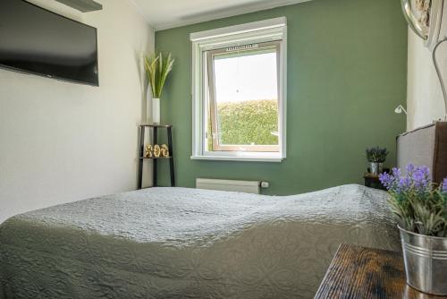 een groene slaapkamer met een bed en een raam bij Vakantiewoning met serre en airconditioning in Tzummarum