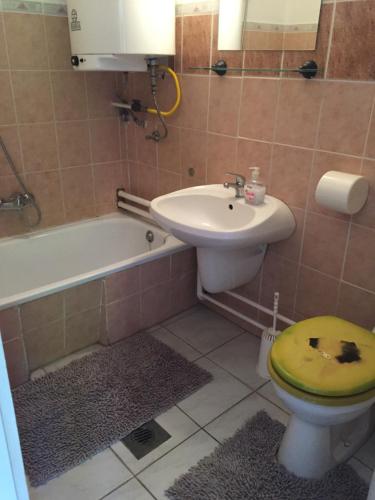 een badkamer met een wastafel, een toilet en een bad bij Betty apartman in Nyíregyháza