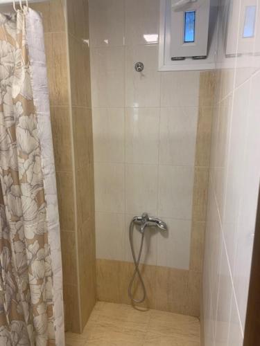 a shower in a bathroom with a shower curtain at Elin Loft Rooms in Flogita