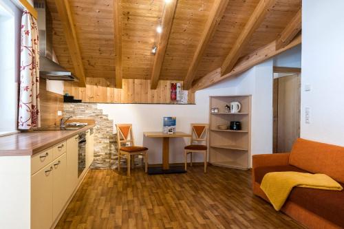 a kitchen and living room with a couch and a table at Apart Garni Astrada in Kappl