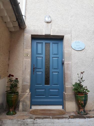 una porta blu sul lato di un edificio con due piante di Gite les Olivettes a Vailhan