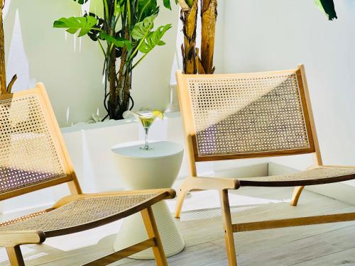 two chairs sitting in a room with a plant at Canaryislandshost l Boya Suites in Playa Honda