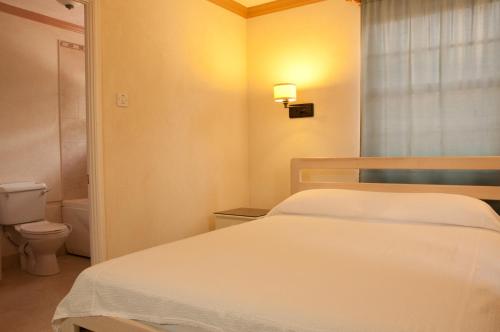 a bedroom with a white bed and a toilet at Sandy Bliss Condominiums in Saint James