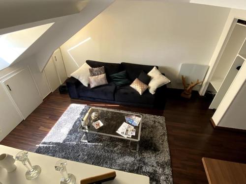 - un salon avec un canapé noir et un tapis dans l'établissement Jolie duplex - centre historique de Vannes, à Vannes