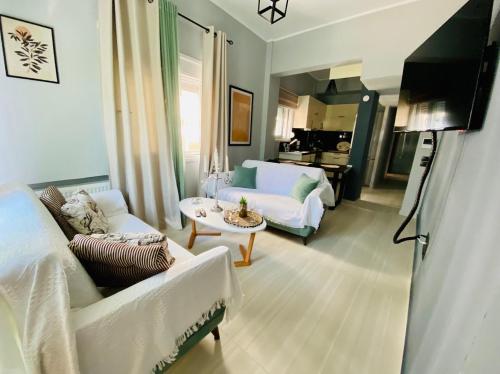 uma sala de estar com um sofá e uma mesa em Phoenix Garden Apartments II em Atenas