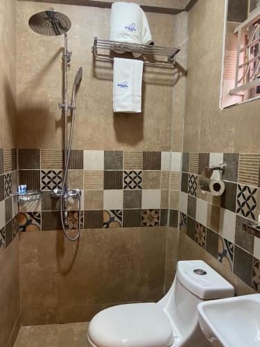 a bathroom with a shower and a toilet and a sink at Nataaha Hotels in Mbarara