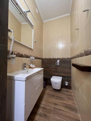 a bathroom with a white sink and a toilet at Spadok in Kamianets-Podilskyi