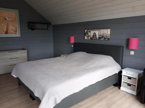 1 dormitorio con 1 cama grande y luces rosas en Gîte proche du Pont de Belleheid et de Francorchamps en Jalhay