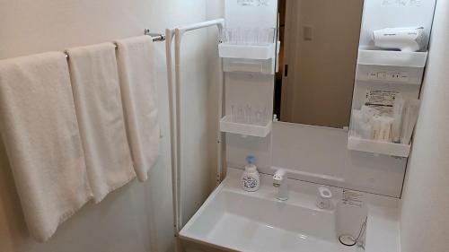 a bathroom with a sink and a mirror and towels at Living Inn Nahakoumae in Naha