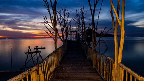 a wooden bridge over a body of water at sunset at Roka Resort by ARKasia Foundation in Berakit