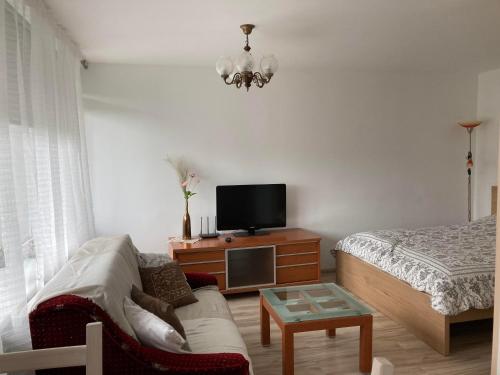 a living room with a couch and a tv at Baltic Sea Beach Apartment in Liepāja