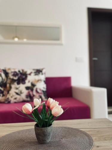 a vase with pink flowers sitting on a table at Casa Nita in Ulcinj
