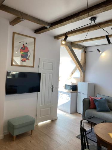 a living room with a couch and a flat screen tv at Przy Poznańskiej Bramie in Inowrocław