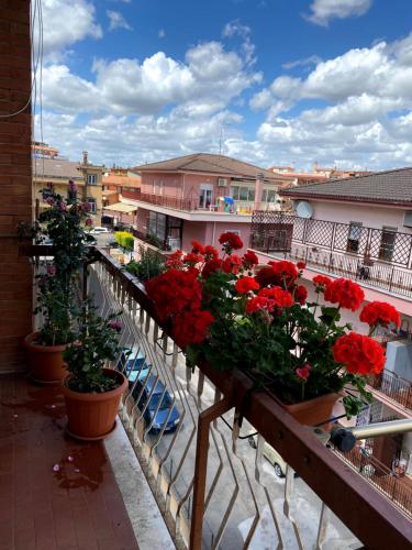 a balcony with red flowers in pots on it at Oasi di Serenità in Marino