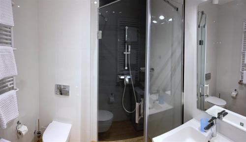 un bagno con doccia, lavandino e WC di Apartamenty Marea Rentals Aquarius Ustka a Ustka
