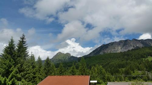 a view of a mountain with trees and a house at Landhaus Aggenstein in Haldensee