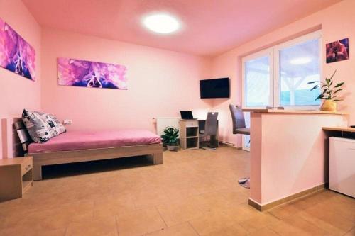 een kamer met een bed en een bureau met een televisie bij NIKA beds in Pardubice