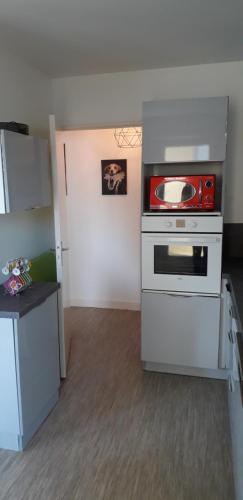 a kitchen with a stove and a microwave at Appart plein centre, balcon - 4 personnes in Sedan