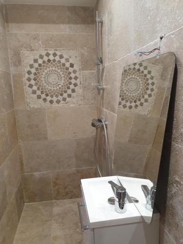 uma casa de banho com um chuveiro e um lavatório branco em Studio contemporain proche de toutes les plages em Villeneuve-lès-Maguelonne
