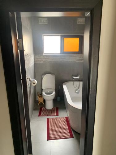 a small bathroom with a toilet and a sink at Greendale Apartments in Lusaka