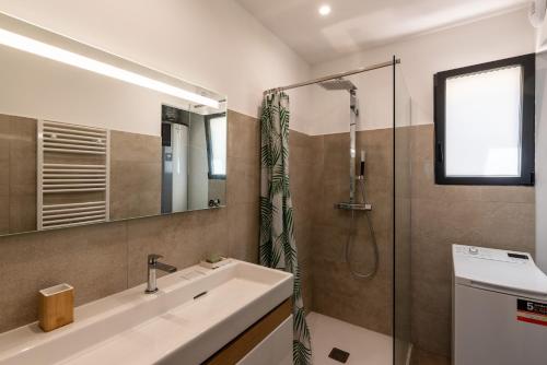 een badkamer met een wastafel en een douche bij L'Aurore de Cruciata in Pietrosella