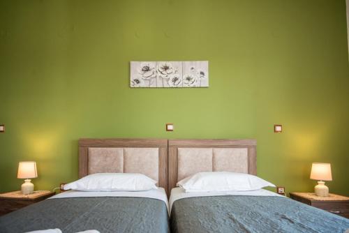 two beds in a room with green walls at VILLA IRIDA in Kefallonia
