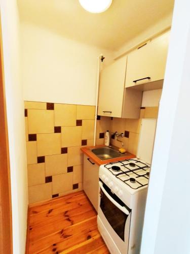 a small kitchen with a stove and a sink at Apartamenty Częstochowa in Częstochowa