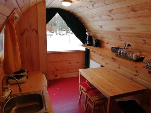 una cocina en una cabaña de madera con fregadero y mesa en De Kapschuur en Stadskanaal