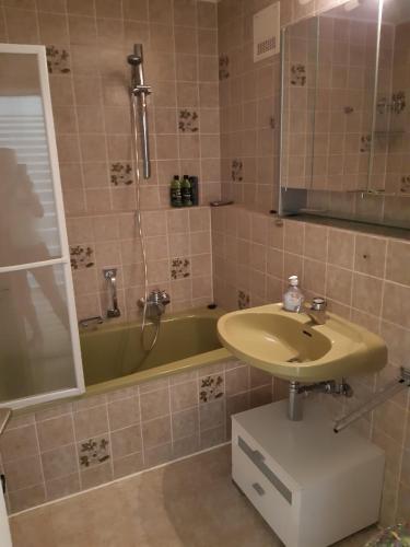 a bathroom with a sink and a green bath tub at Schöne Aussichten in Missen-Wilhams